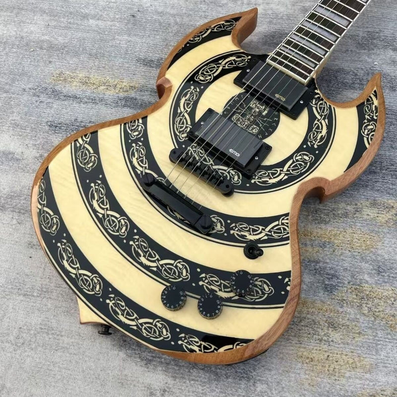 SG Style Electric Guitar with Gloss Natural Black Celtic Knot Graphic (LRG-124)