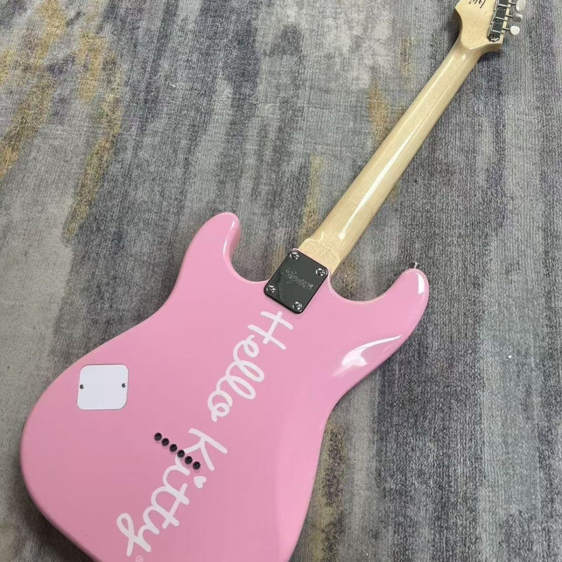ST-Style Electric Guitar with Gloss Pink Finish, Cartoon Kitty Graphic Pickguard & Matching Gig Bag (LRG-099)