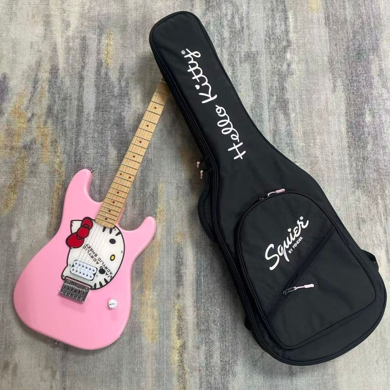ST-Style Electric Guitar with Gloss Pink Finish, Cartoon Kitty Graphic Pickguard & Matching Gig Bag (LRG-099)