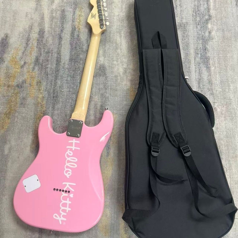 ST-Style Electric Guitar with Gloss Pink Finish, Cartoon Kitty Graphic Pickguard & Matching Gig Bag (LRG-099)
