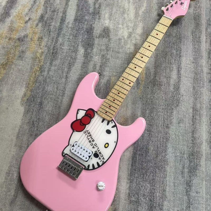 ST-Style Electric Guitar with Gloss Pink Finish, Cartoon Kitty Graphic Pickguard & Matching Gig Bag (LRG-099)