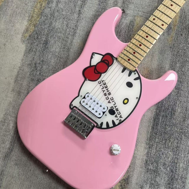 ST-Style Electric Guitar with Gloss Pink Finish, Cartoon Kitty Graphic Pickguard & Matching Gig Bag (LRG-099)