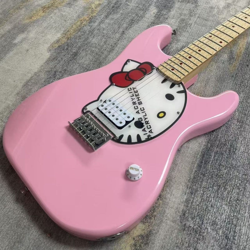 ST-Style Electric Guitar with Gloss Pink Finish, Cartoon Kitty Graphic Pickguard & Matching Gig Bag (LRG-099)