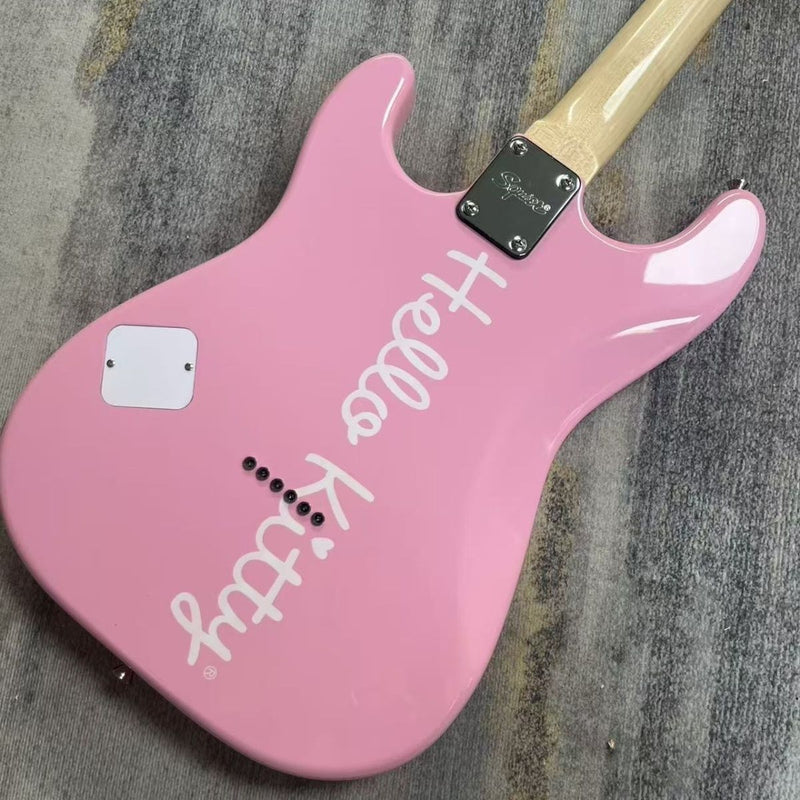 ST-Style Electric Guitar with Gloss Pink Finish, Cartoon Kitty Graphic Pickguard & Matching Gig Bag (LRG-099)