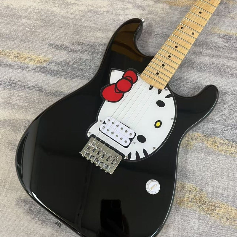 ST Style Electric Guitar with Gloss Black Finish & Cartoon Kitty Graphic Pickguard (LRG-098)