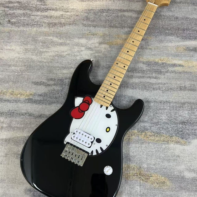 ST Style Electric Guitar with Gloss Black Finish & Cartoon Kitty Graphic Pickguard (LRG-098)