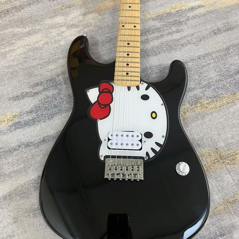 ST Style Electric Guitar with Gloss Black Finish & Cartoon Kitty Graphic Pickguard (LRG-098)