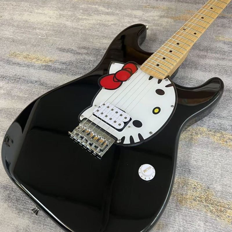 ST Style Electric Guitar with Gloss Black Finish & Cartoon Kitty Graphic Pickguard (LRG-098)