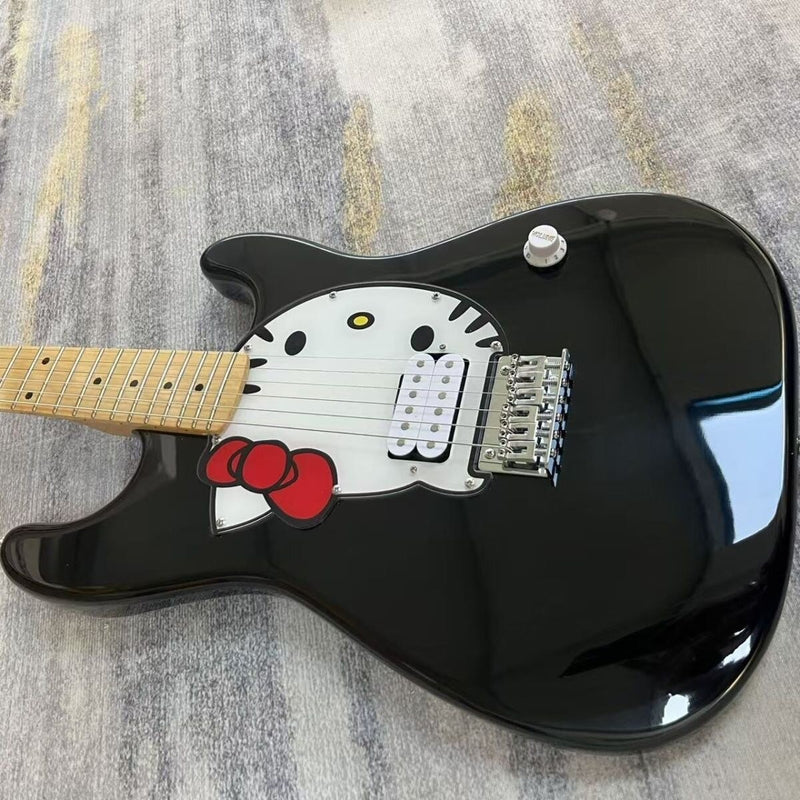 ST Style Electric Guitar with Gloss Black Finish & Cartoon Kitty Graphic Pickguard (LRG-098)
