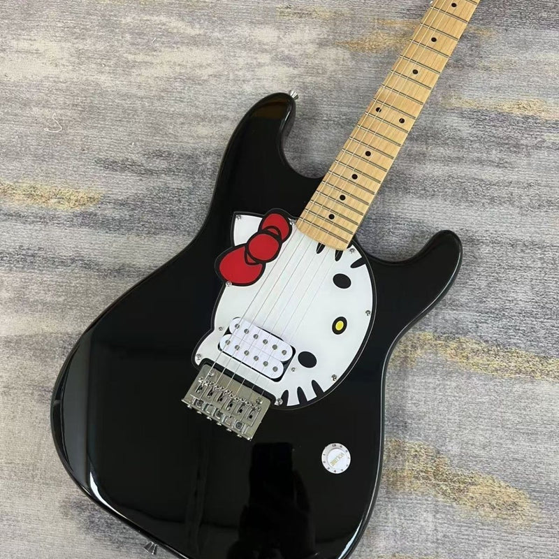 ST Style Electric Guitar with Gloss Black Finish & Cartoon Kitty Graphic Pickguard (LRG-098)