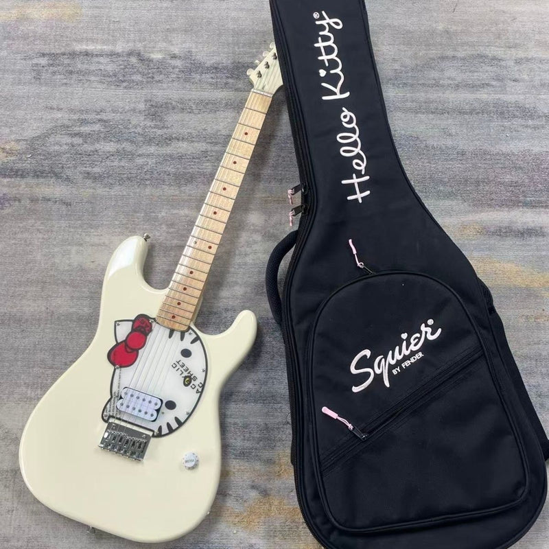 ST Style Electric Guitar with Gloss Vintage White Finish, Cartoon Kitty Graphic Pickguard & Matching Gig Bag(LRG-100)