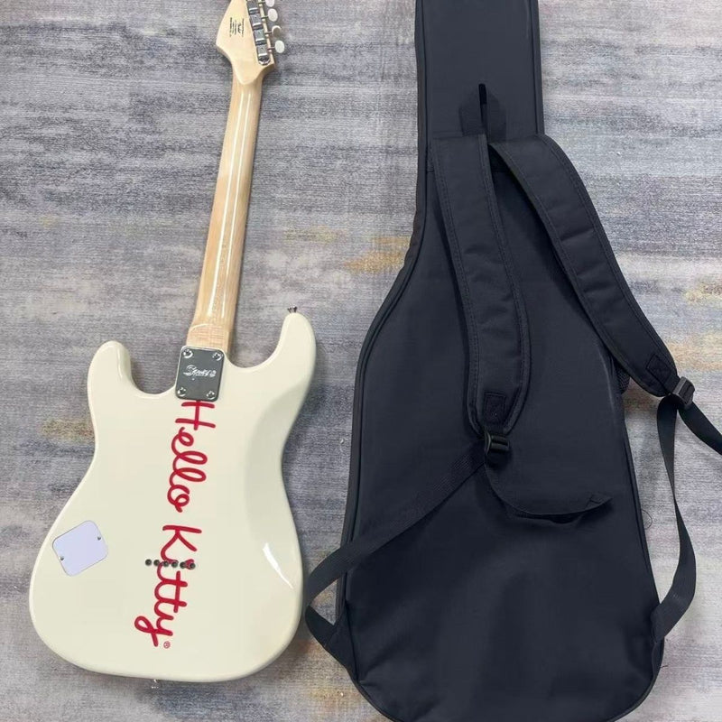 ST Style Electric Guitar with Gloss Vintage White Finish, Cartoon Kitty Graphic Pickguard & Matching Gig Bag(LRG-100)