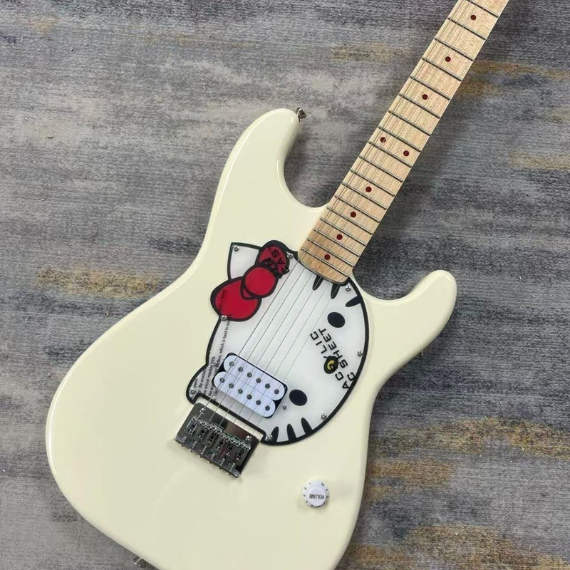 ST Style Electric Guitar with Gloss Vintage White Finish, Cartoon Kitty Graphic Pickguard & Matching Gig Bag(LRG-100)