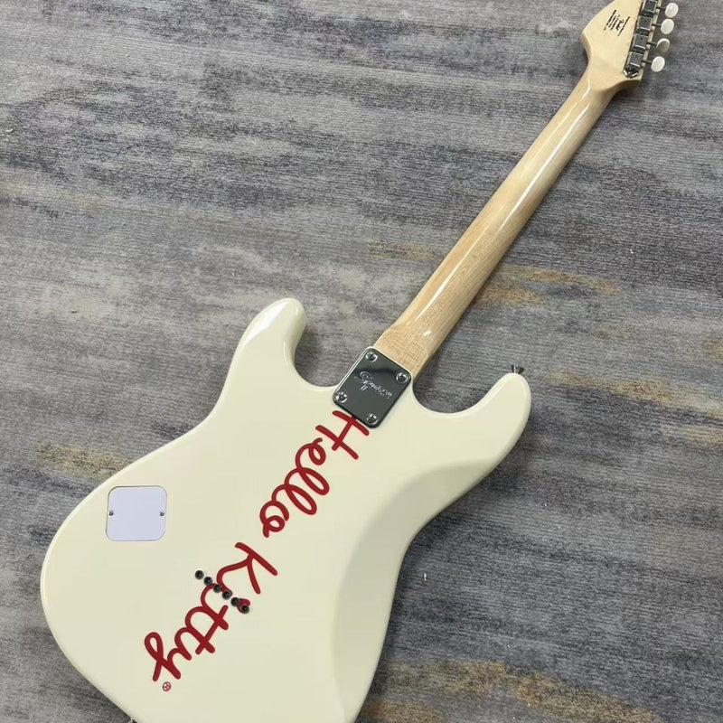 ST Style Electric Guitar with Gloss Vintage White Finish, Cartoon Kitty Graphic Pickguard & Matching Gig Bag(LRG-100)