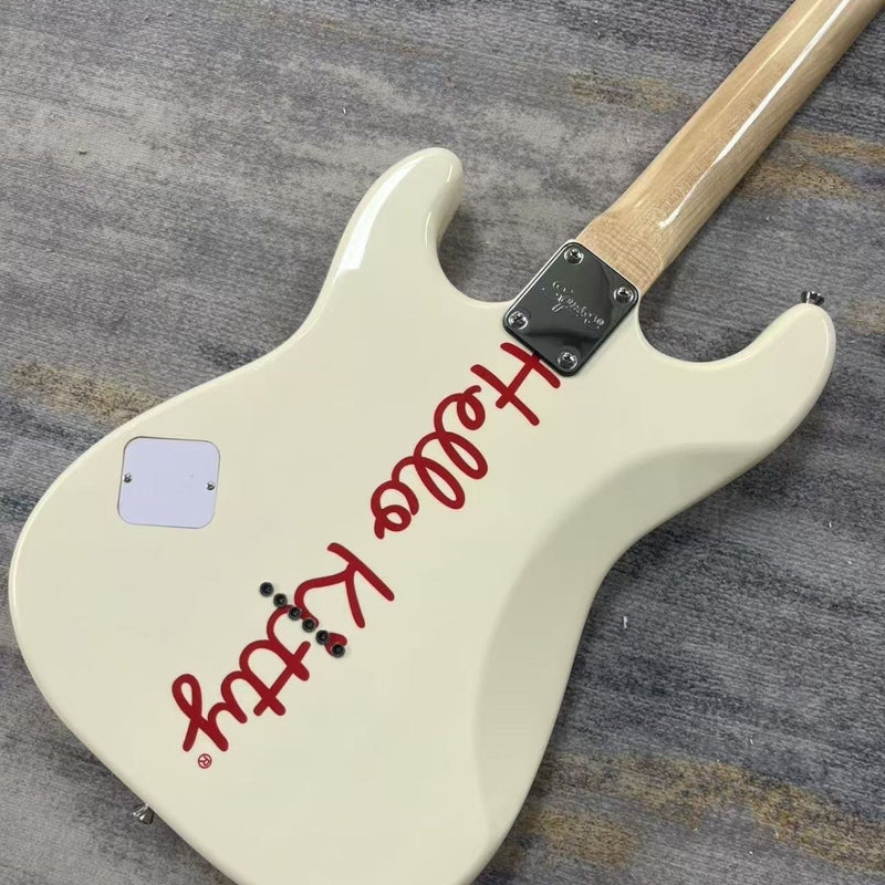 ST Style Electric Guitar with Gloss Vintage White Finish, Cartoon Kitty Graphic Pickguard & Matching Gig Bag(LRG-100)