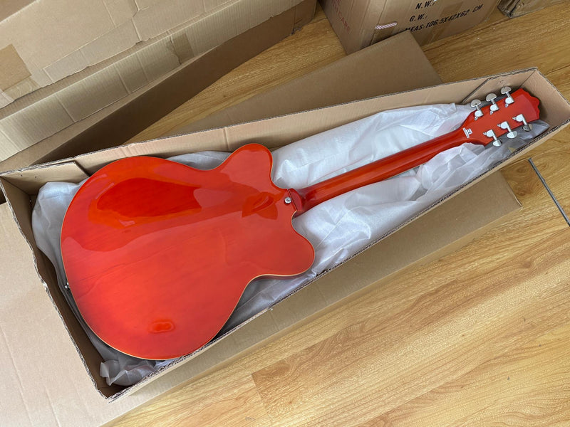 Semi-Hollow Body ES-335 Style Electric Guitar with Gloss Orange Finish (HY-2605)