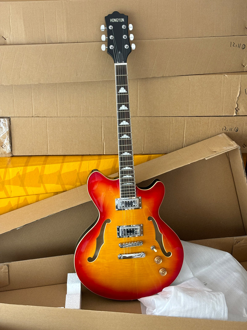 Semi-Hollow Body Electric Guitar with Gloss Orange Sunburst Finish (PHY-119X)