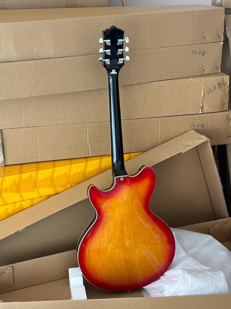 Semi-Hollow Body Electric Guitar with Gloss Orange Sunburst Finish (PHY-119X)