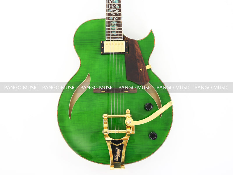 Semi Hollow All Green Electric Guitar with Flamed Maple Top (ZQN0201)