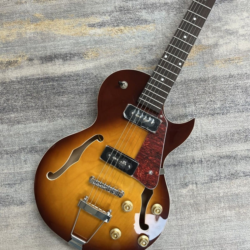 Small Body Semi-Hollow Archtop Jazz Electric Guitar | Dual P90-Style Soapbar Pickups | Sunburst Gloss Finish (LRG-052)