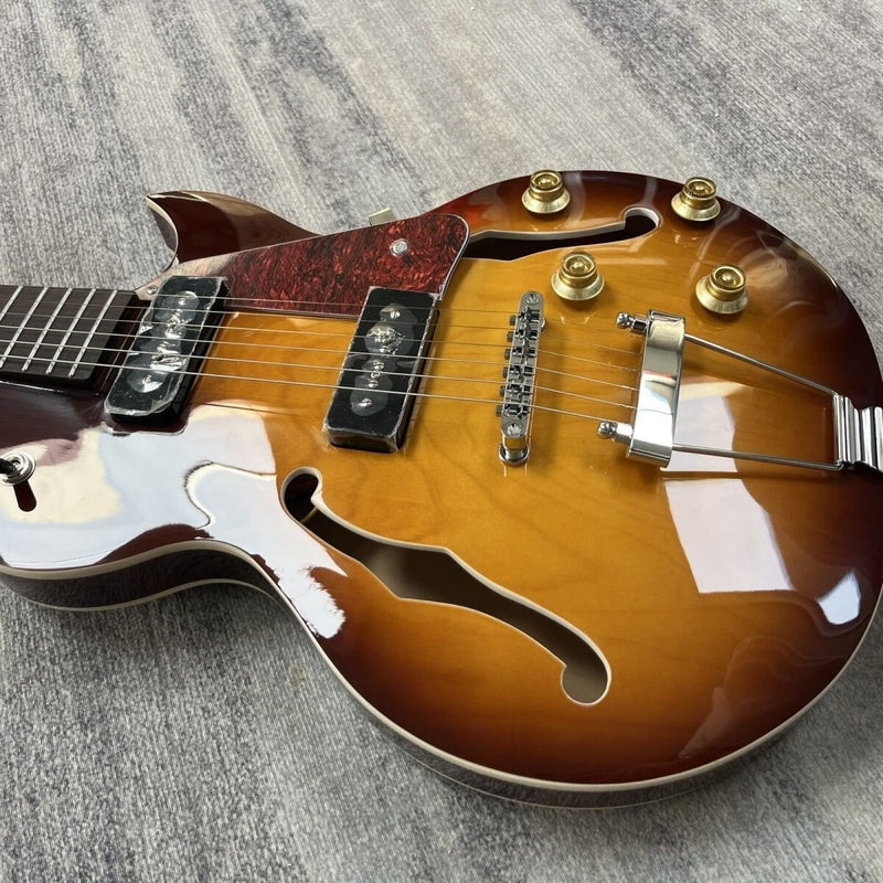 Small Body Semi-Hollow Archtop Jazz Electric Guitar | Dual P90-Style Soapbar Pickups | Sunburst Gloss Finish (LRG-052)