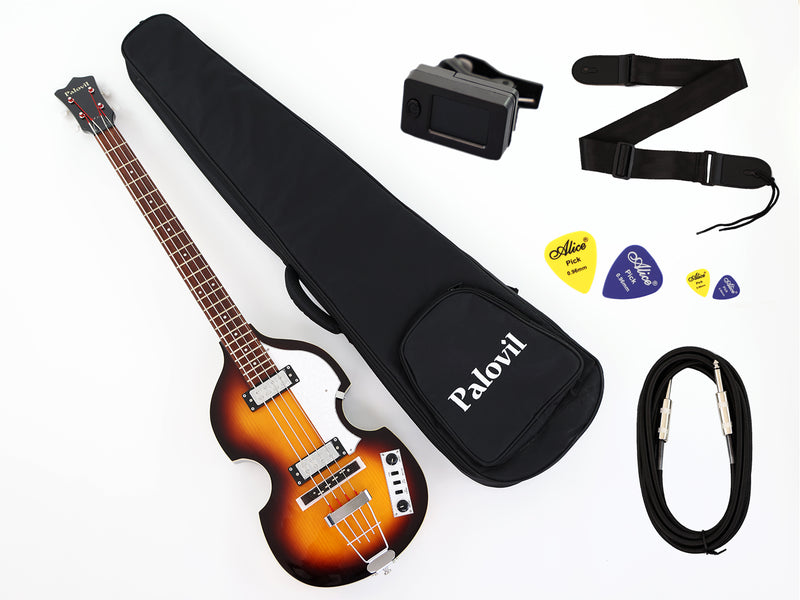 Sunburst Violin Semi-Hollow Body 4 String Electric Bass Guitar Bundle (PHY-165-B)