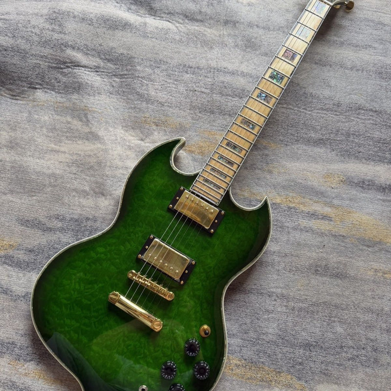Transparent Green Quilted Maple Top SG Style Electric Guitar (LRG-045)