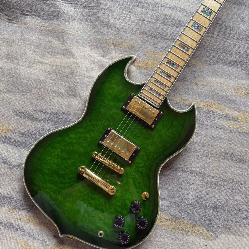 Transparent Green Quilted Maple Top SG Style Electric Guitar (LRG-045)