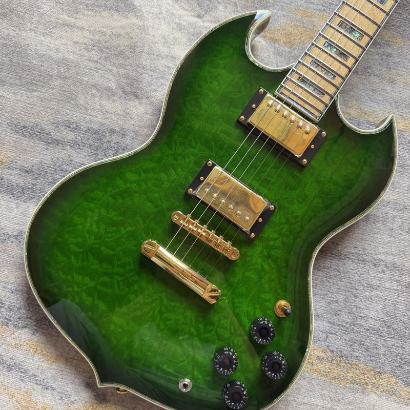Transparent Green Quilted Maple Top SG Style Electric Guitar (LRG-045)