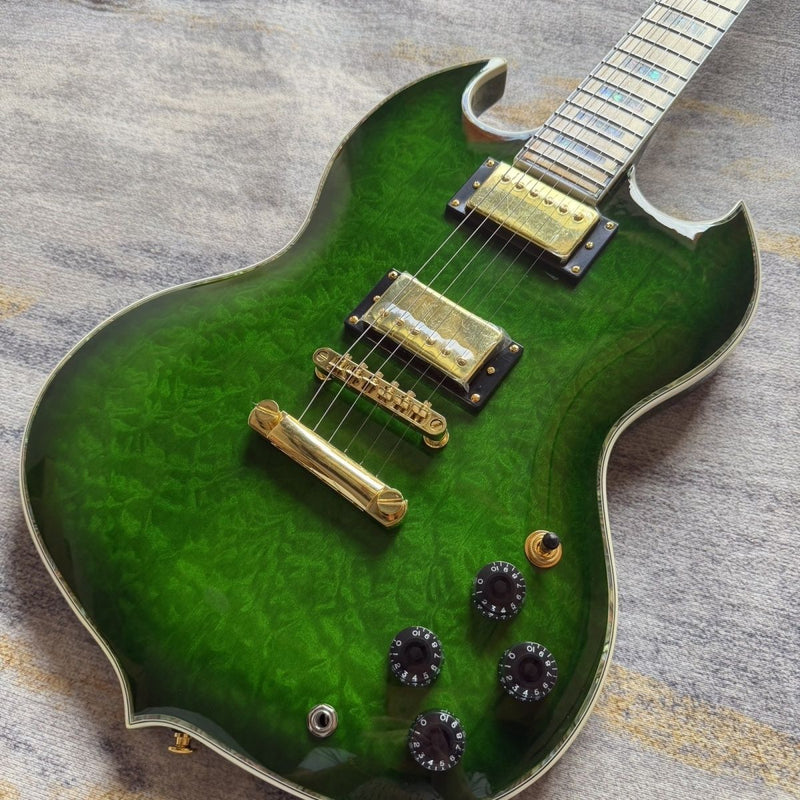 Transparent Green Quilted Maple Top SG Style Electric Guitar (LRG-045)