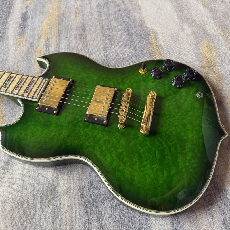 Transparent Green Quilted Maple Top SG Style Electric Guitar (LRG-045)
