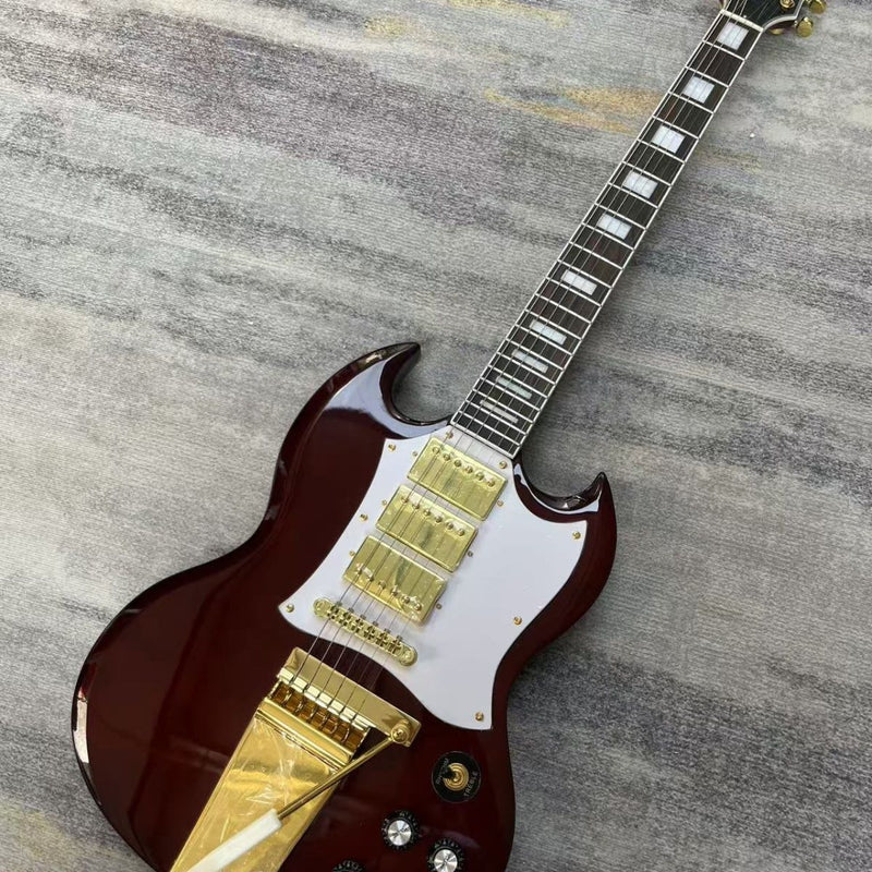Vintage Burgundy Red SG Style Electric Guitar with Gold Bigsby Style Vibrato Tailpiece (LRG-007)