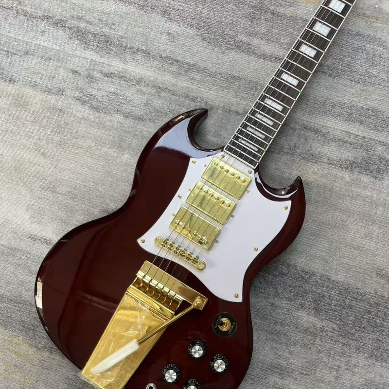 Vintage Burgundy Red SG Style Electric Guitar with Gold Bigsby Style Vibrato Tailpiece (LRG-007)