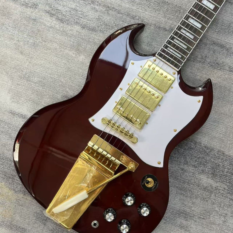 Vintage Burgundy Red SG Style Electric Guitar with Gold Bigsby Style Vibrato Tailpiece (LRG-007)