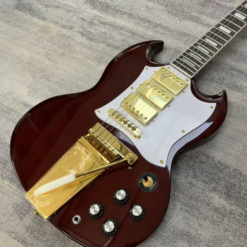 Vintage Burgundy Red SG Style Electric Guitar with Gold Bigsby Style Vibrato Tailpiece (LRG-007)