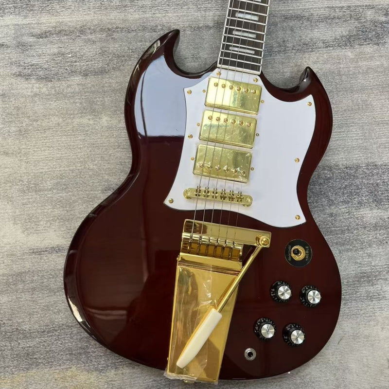 Vintage Burgundy Red SG Style Electric Guitar with Gold Bigsby Style Vibrato Tailpiece (LRG-007)