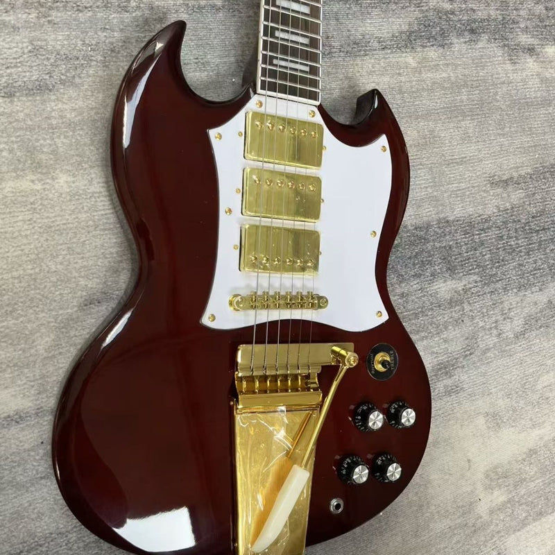 Vintage Burgundy Red SG Style Electric Guitar with Gold Bigsby Style Vibrato Tailpiece (LRG-007)