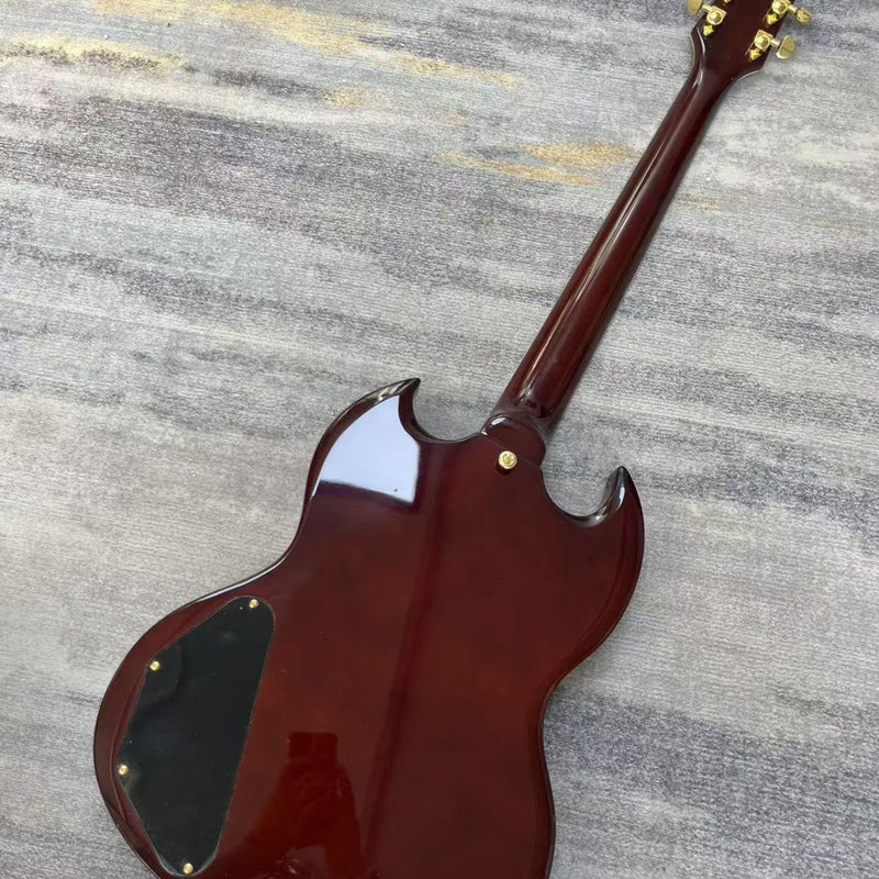 Vintage Burgundy Red SG Style Electric Guitar with Gold Bigsby Style Vibrato Tailpiece (LRG-007)
