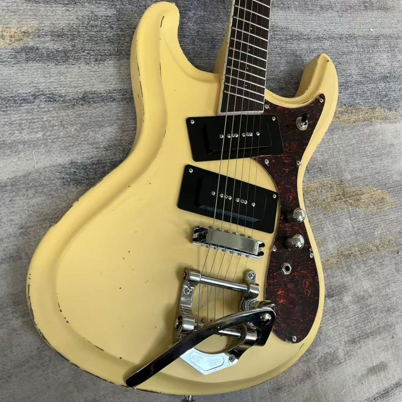 Vintage Relic Cream Offset Body Dual P90 Pickups Electric Guitar (LRG-016)