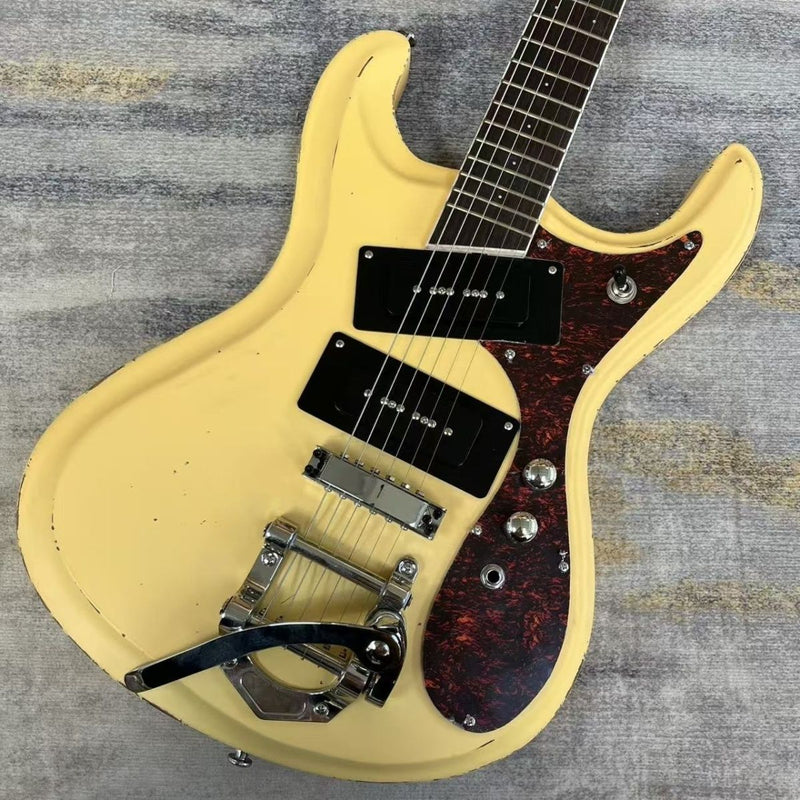 Vintage Relic Cream Offset Body Dual P90 Pickups Electric Guitar (LRG-016)