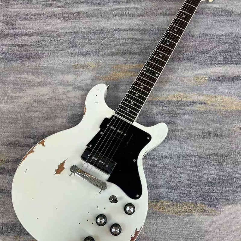Vintage White Hand-Reliced Junior Style Double Cutaway Electric Guitar (LRG-044)