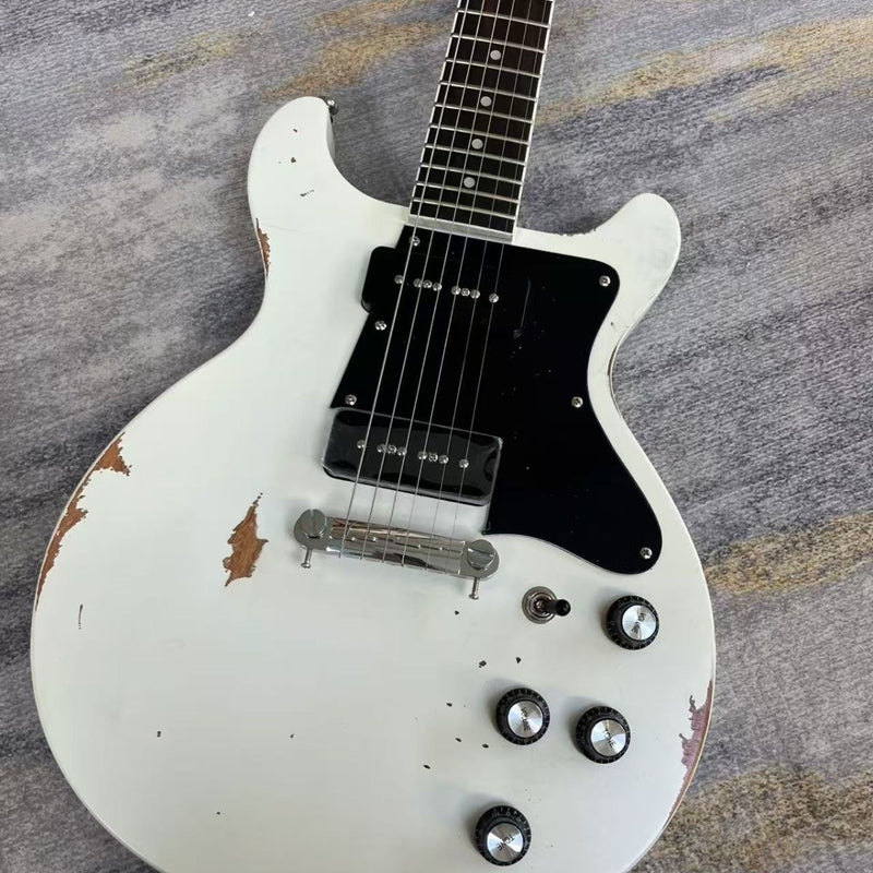 Vintage White Hand-Reliced Junior Style Double Cutaway Electric Guitar (LRG-044)