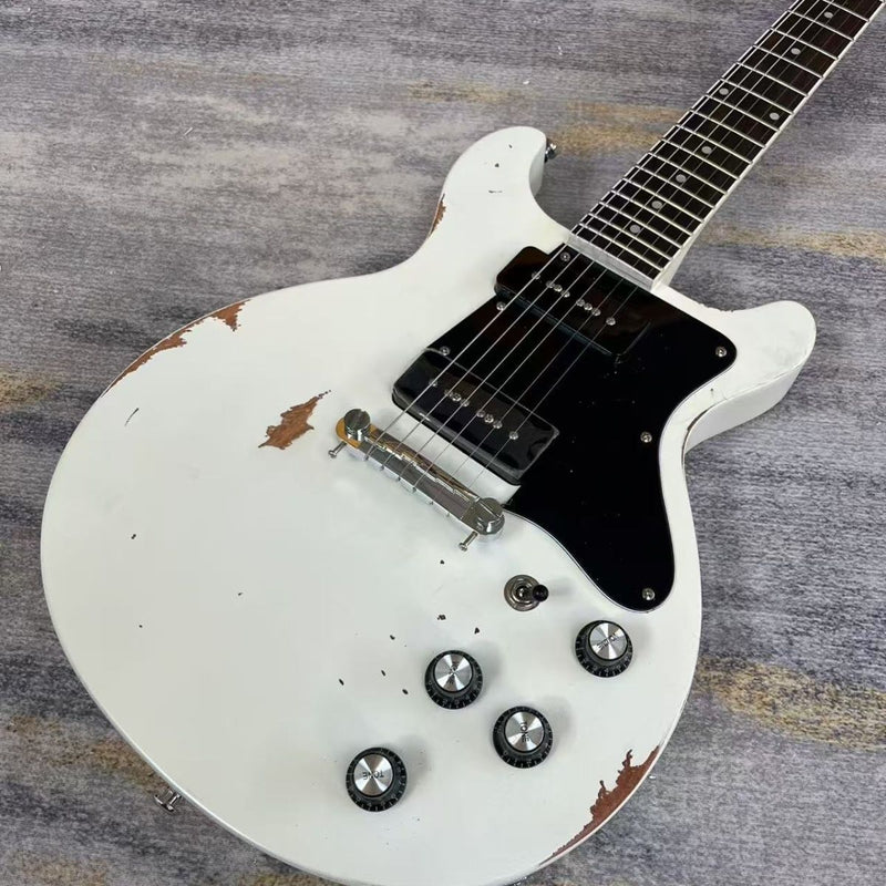 Vintage White Hand-Reliced Junior Style Double Cutaway Electric Guitar (LRG-044)