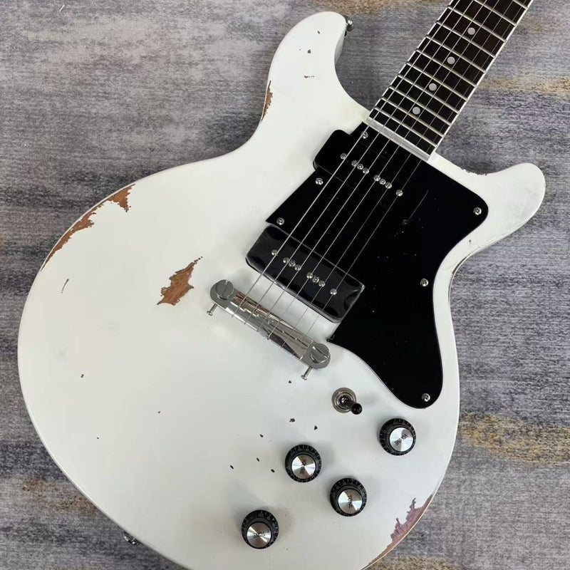 Vintage White Hand-Reliced Junior Style Double Cutaway Electric Guitar (LRG-044)
