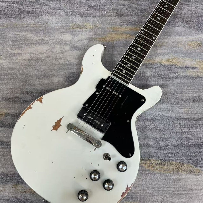 Vintage White Hand-Reliced Junior Style Double Cutaway Electric Guitar (LRG-044)