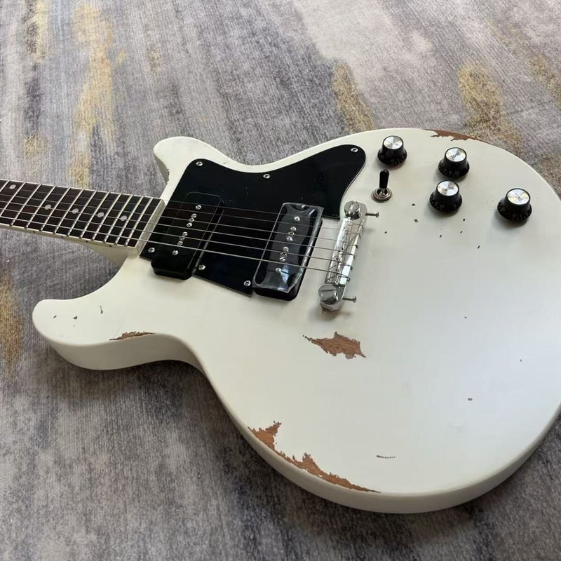 Vintage White Hand-Reliced Junior Style Double Cutaway Electric Guitar (LRG-044)