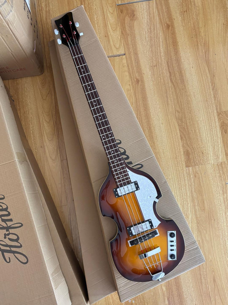 Violin Bass Style 4-String Semi-Hollow Electric Bass Guitar with Gloss Sunburst Finish (HY-2608)