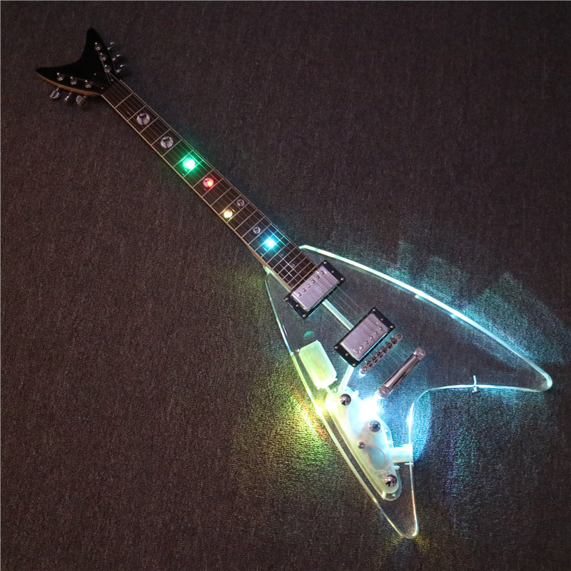 Flying V Style Left Hand Acrylic Body LED Light Electric Guitar (PFV-001)