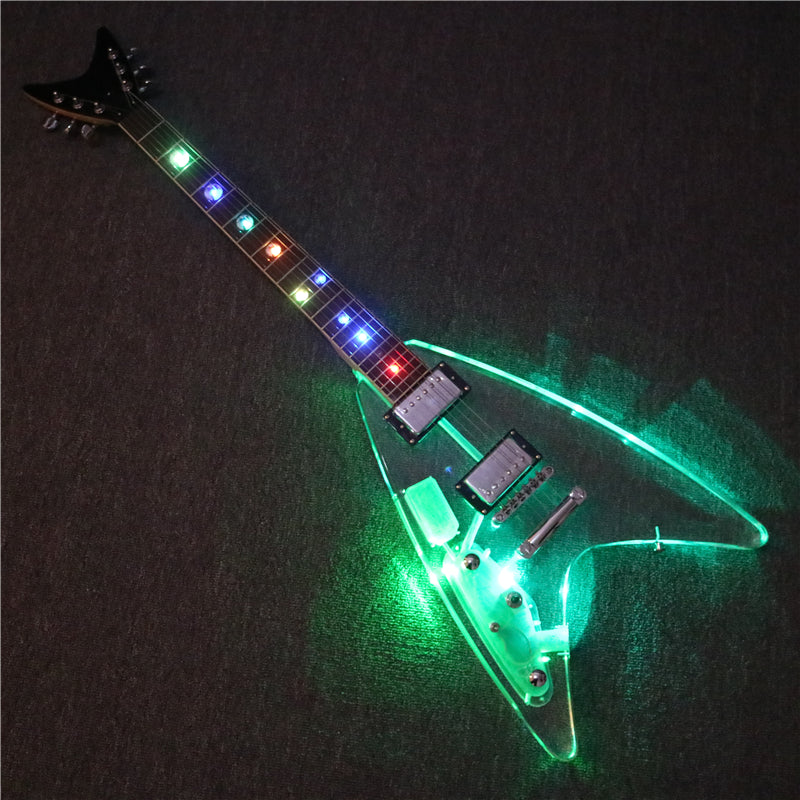 Flying V Style Left Hand Acrylic Body LED Light Electric Guitar (PFV-001)