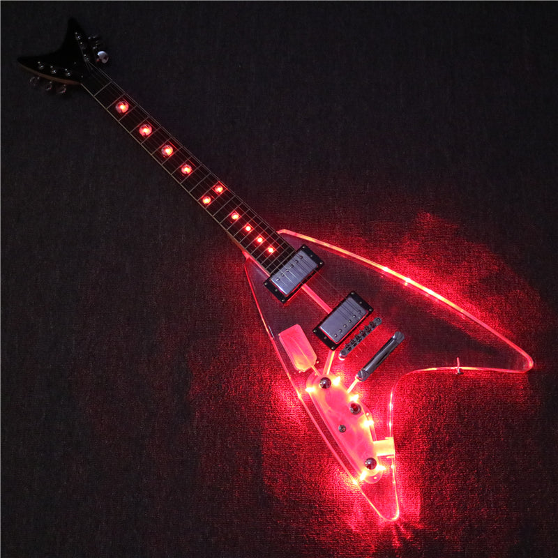 Flying V Style Left Hand Acrylic Body LED Light Electric Guitar (PFV-001)